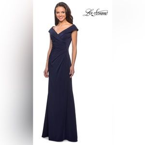 La Femme Navy Surplice Off the Shoulder Column Gown Size 4 NWT